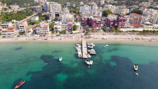 Drone View of Himare Albania Pier and Waterfront