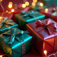 Krupnyy plan elegantno upakovannykh podarochnykh korobok s glyantsevymi bantami i metallizirovannoy bumagoy. Novogodniy padarok Ruki derzhat svetyashchiysya snezhnyy shar s kruzhashchimisya blestkami 