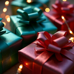 Krupnyy plan elegantno upakovannykh podarochnykh korobok s glyantsevymi bantami i metallizirovannoy bumagoy. Novogodniy padarok Ruki derzhat svetyashchiysya snezhnyy shar s kruzhashchimisya blestkami 