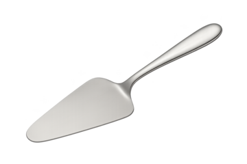 Polished stainless steel cake server with curved, broad blade and slim handle, ideal for desserts