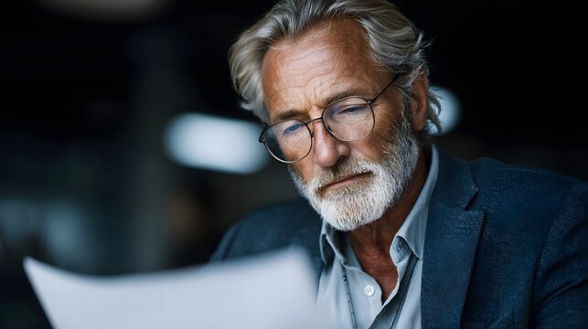 A mature experienced businessman wearing glasses intently reads and analyzes documents in a dimly lit professional setting - Powered by Adobe