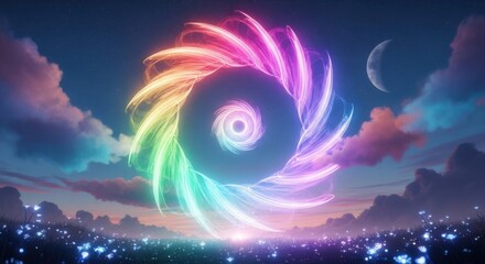 Vibrant rainbow vortex energy swirl with city lights below isolated on white background