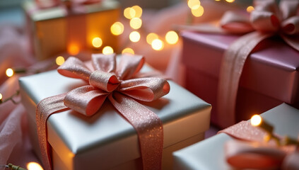 Krupnyy plan elegantno upakovannykh podarochnykh korobok s glyantsevymi bantami i metallizirovannoy bumagoy. Novogodniy padarok Ruki derzhat svetyashchiysya snezhnyy shar s kruzhashchimisya blestkami 