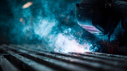 A focused welder in a dark industrial workshop creates bright sparks and smoke while joining metal pieces