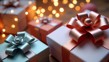 Krupnyy plan elegantno upakovannykh podarochnykh korobok s glyantsevymi bantami i metallizirovannoy bumagoy. Novogodniy padarok Ruki derzhat svetyashchiysya snezhnyy shar s kruzhashchimisya blestkami 