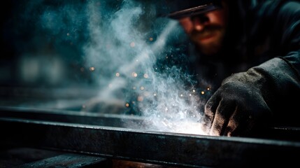 A welder creating sparks and smoke while working on metal in a dimly lit industrial workshop