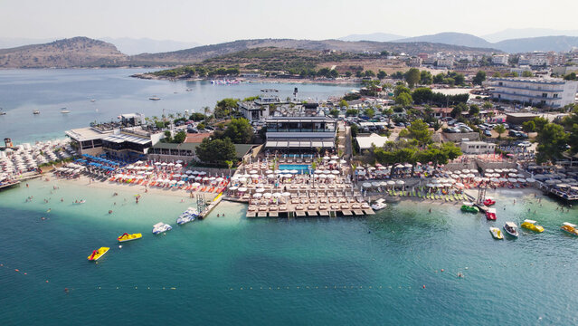 Aerial View of Ksamil Beach Albania with Coastal Bars