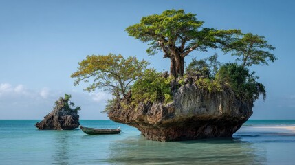 Scenic view of island rock formations with trees and boat on clear water