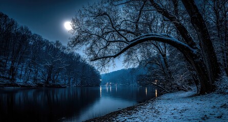 Enchanting Winter Night Landscape with Moonlit River and Snow-Covered Trees.