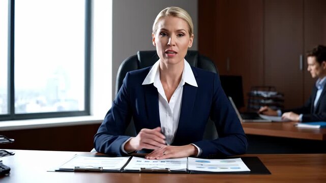 A confident businesswoman in a navy suit speaking directly to the camera from her desk in a modern office with a male colleague in background