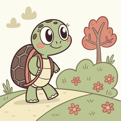 Obraz premium A cute cartoon turtle is walking on a path in a park with flowers