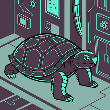 A futuristic turtle stands in a spaceship corridor with a stoic expression