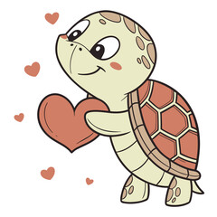 Cute turtle holding a heart, surrounded by hearts
