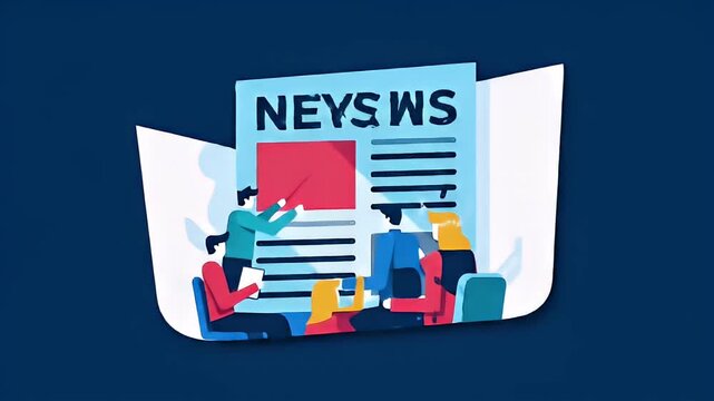 Stylized illustration depicts people reading newspapers against a navy blue background