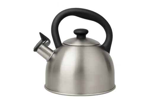 Stainless steel whistling kettle with black ergonomic handle and curved spout on reflective metal surface