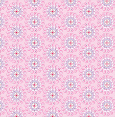 Seamless pink floral mandala pattern with decorative circular motifs on pastel background for fabric design