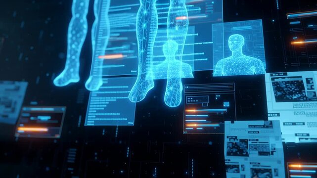 Goal oriented ai concept, Digital Transformation with Futuristic Holographic Human Figures and Data Interface Display