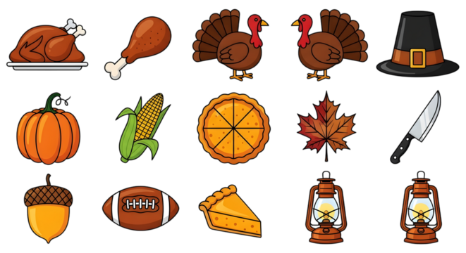 Collection of thanksgiving icons including a roasted turkey, drumstick, pumpkin, corn, pie, football, acorn, maple leaf, knife, pilgrim hat, and lanterns, isolated on transparent background