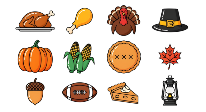 Collection of thanksgiving icons including a roasted turkey, pumpkin pie, corn on the cob, and a pilgrim hat, isolated on transparent background