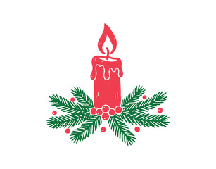 Christmas candle surrounded by spruce branches. A simple doodle illustration. Hand-drawn clipart perfect for cards, logos, and designs.