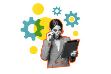 Composite photo collage of astonished businesswoman hold ipad receive shocked news gears freelance worker isolated on painted background