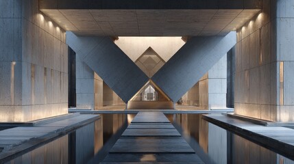 Fototapeta premium Grand Geometric Architectural Entrance with Reflecting Pool and Concrete Walls