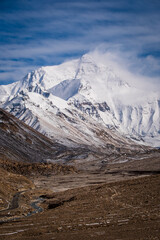 Aerial and ground views of Mount Everest from the Tibetan side. Majestic snow-covered peaks of the Himalayas