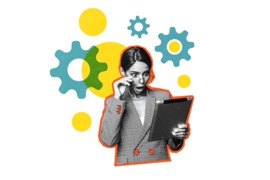 Composite photo collage of astonished businesswoman hold ipad receive shocked news gears freelance worker isolated on painted background