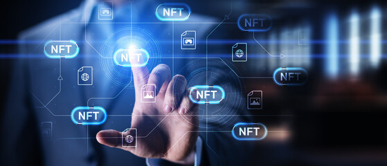 NFT Technology and Digital Asset Authentication Illustrated on a Virtual Blockchain Interface.