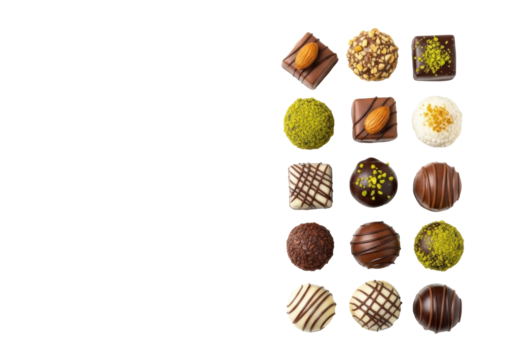 Elegant milk, dark, white artisanal chocolate pralines & truffles, various toppings, arranged on a transparent studio background with ample copy space, premium confectionery marketing concept