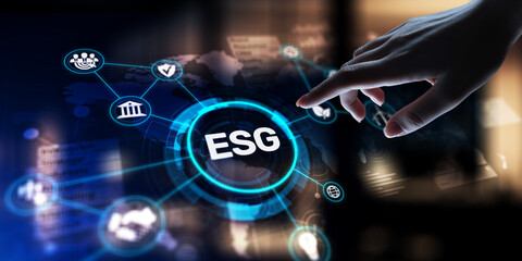 Fototapeta premium ESG Environmental, Social, and Governance Standards for Sustainable Business Practices, projection on a virtual screen, Business and Technology Concept.