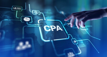 CPA Certified Public Accountant Professional Accounting and Financial Services, projection on a virtual screen, Business and Technology Concept.