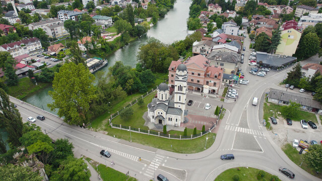 Aerial View of Serbian Orthodox Church with Streets Banja Luka Bosnia and Herzegovina