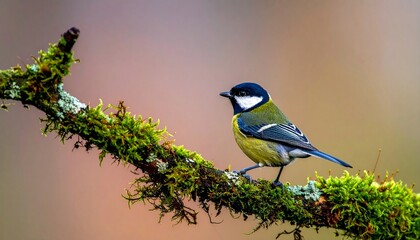 A striking great tit perched on a moss-covered branch, showcasing its vibrant plumage against a soft, blurred background