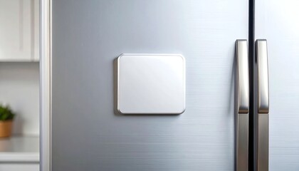 Blank white magnet on refrigerator door for customizable notes, reminders, or decoration in a modern kitchen environment.