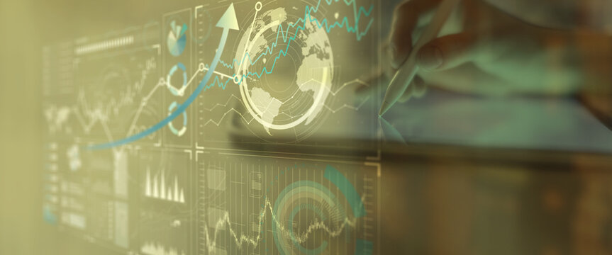 Interactive Global Financial Data Analysis Interface with Graph Trends on Touchscreen. - Powered by Adobe