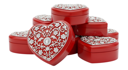 A collection of ornate red heartshaped jewelry boxes with intricate silver filigree and sparkling gemstones, isolated on transparent background