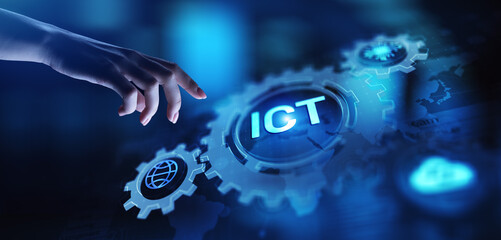 ICT - Information and communication technology concept on virtual screen.