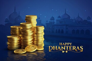 Stacks of gold coins shine for Dhanteras festive night.