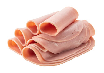 Ultra-realistic UHD photo of delicate, thinly sliced, light pink, moist ham, perfectly curled and intricately stacked, isolated on transparent seamless background with copy space, commercial food