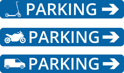 Blue square parking sign with white letter P. Car parking icon, car parking area sign. Car, bus, trolleybus, truck, bike, motorbike, scooter parking icon, linear sign isolated Vector or PNG