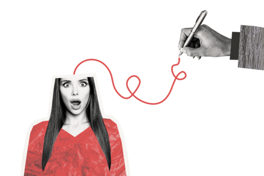 Composite photo collage of astonished woman open mouth emotions hand hold pen draw line brainwash concept isolated on painted background - Powered by Adobe