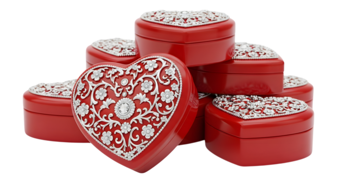 A collection of ornate red heartshaped jewelry boxes with intricate silver filigree and sparkling gemstones, isolated on transparent background
