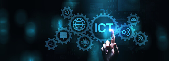 ICT Information communication technology internet concept on virtual screen.