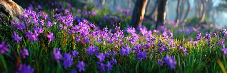 Naklejka premium A field of vibrant purple flowers blooming in a forest setting with soft light filtering through the trees.