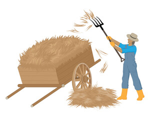 vector illustration design of a man working moving dry grass to a cart which is usually found on a farm or garden for animal feed using a wooden handle fork