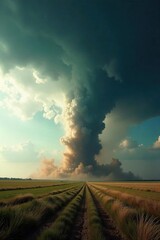 Naklejka premium Powerful Tornado Ravages Open Plains Dramatic Storm Scene of Dust, Debris, and Ominous Funnel Cloud