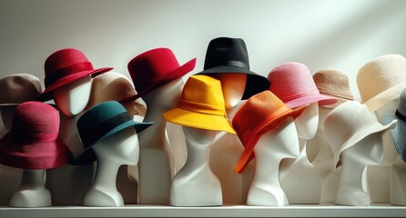 A vibrant collection of colorful hats displayed on mannequins, showcasing various styles and hues in a well-lit setting.