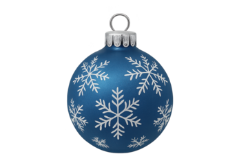 Blue Christmas ornament ball with white snowflake patterns and silver cap