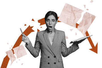 Creative picture collage young speechless lady business failure economy fall loss collapse textbox break copybook pen project